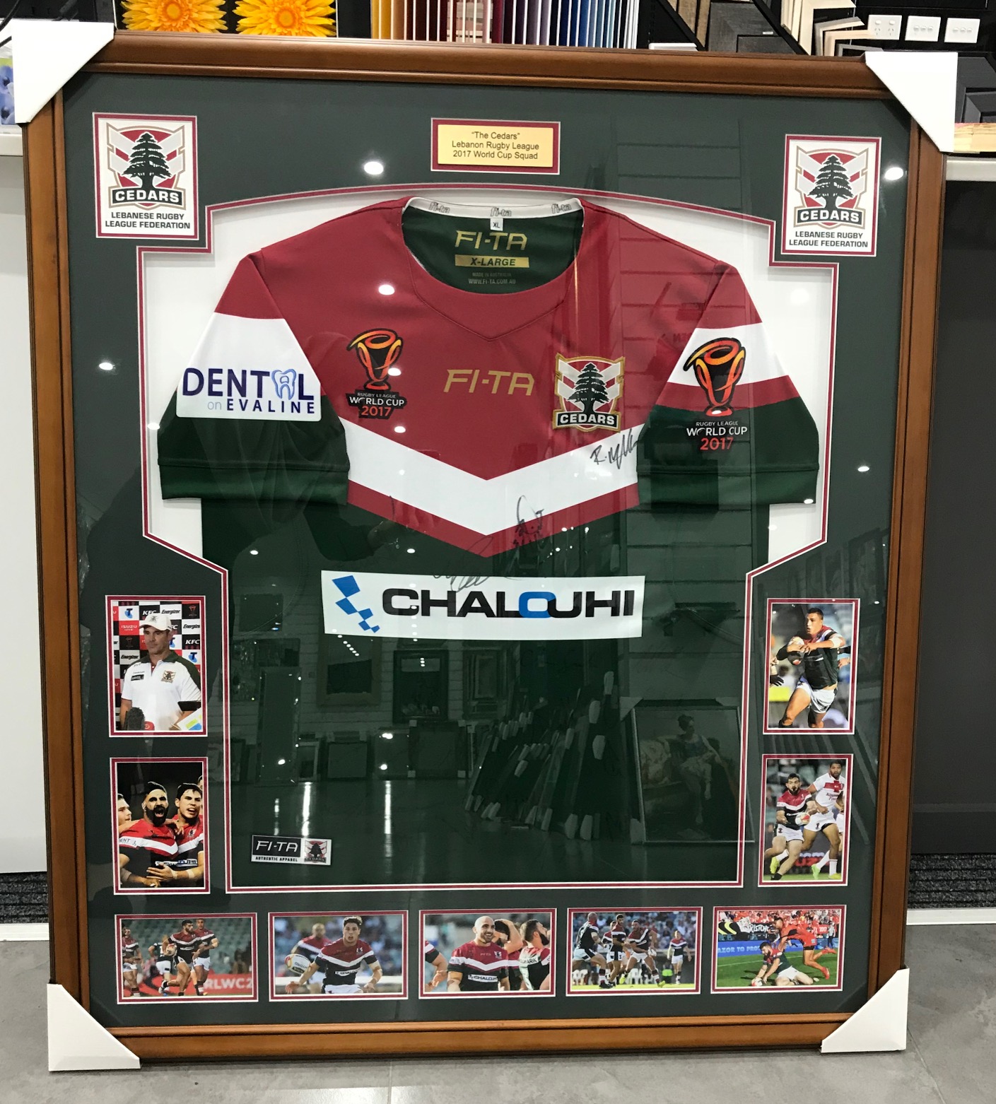Cedars Lebanon rugby jersey display with plaque and photos